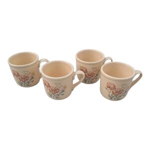 ​Vtg Pottery Craft USA Set of 4 Mugs Speckled Tan Poppy Floral Stoneware Cups